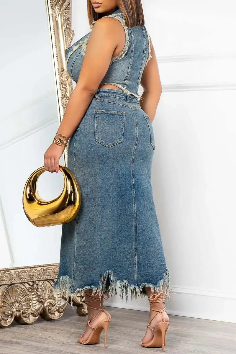Women's Fashion Lapel Raw Hem Washed Denim Vest & Slit Skirt