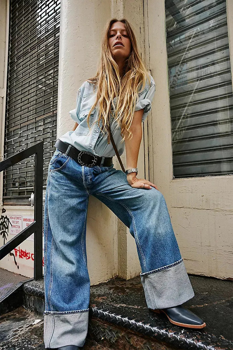 Women's Vintage Wash Mid-Rise Turn-Up Jeans