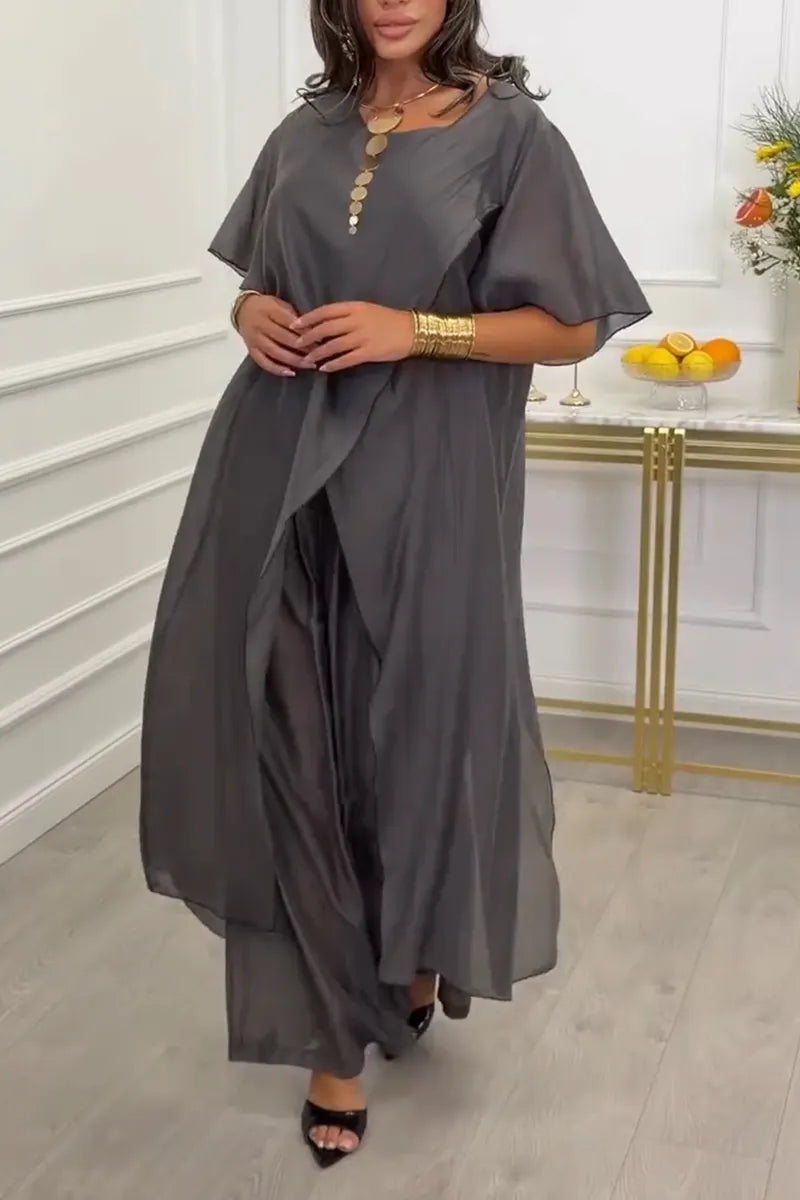Women's Round Neck Spliced Slit Long Top+ Pants Casual Suit