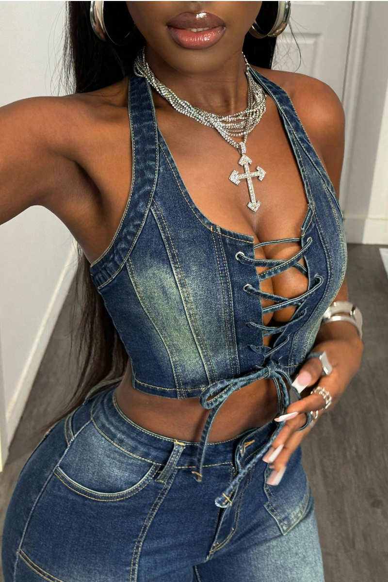 Women's Washed Denim Halter Lace-Up Crop Top Or Capri Pants