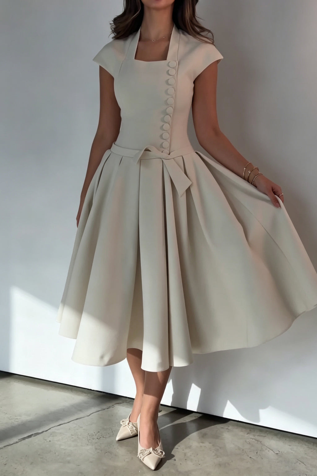 Women's Elegant Button Waist Cinching Pleated Hem Midi Dress