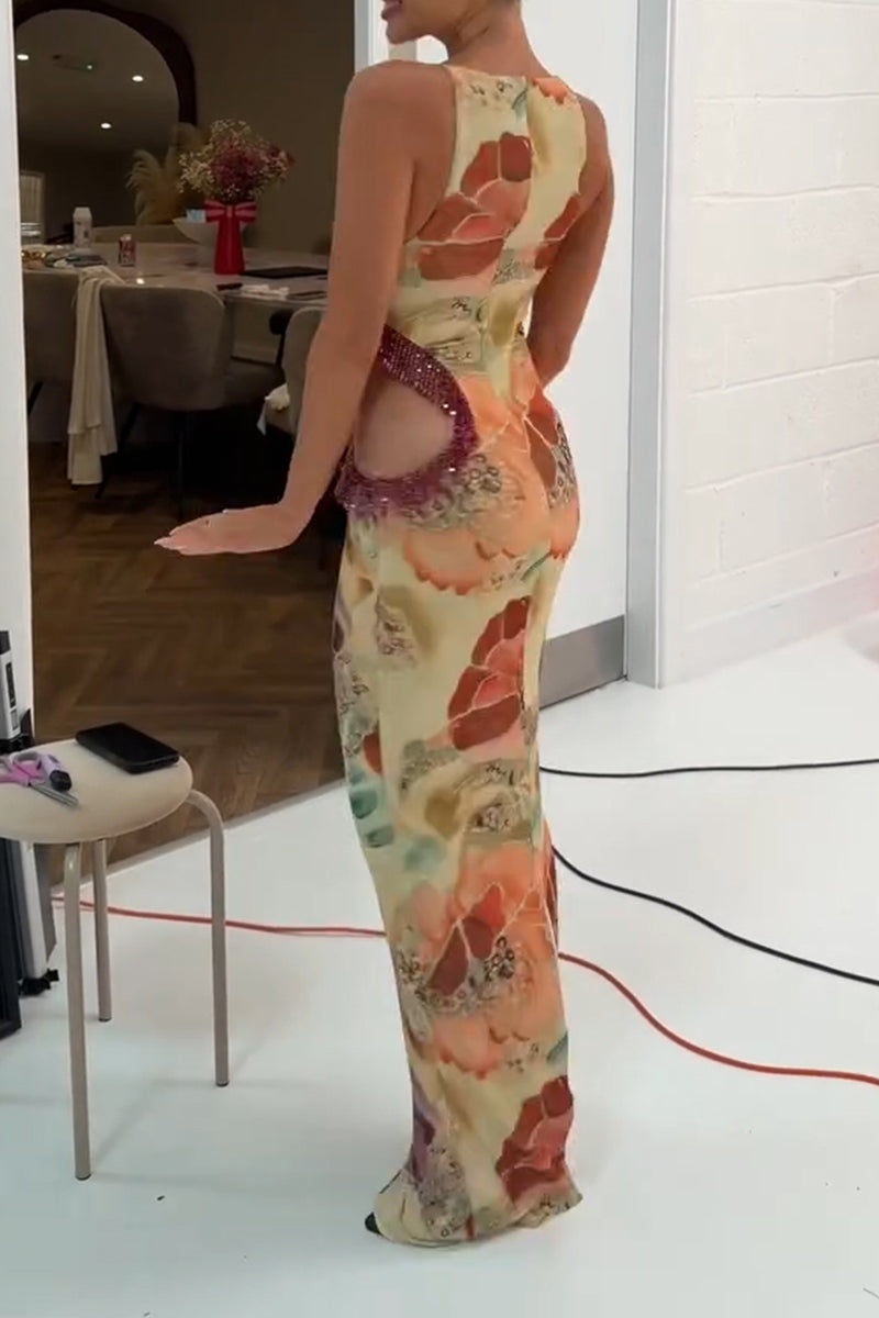 Women's Elegant Printed Waist Hollow Tassel Maxi Dresses