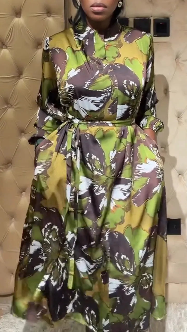 Women Round Neck Printed Waist Cinching Casual Dress
