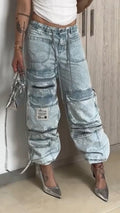 Women Drawstring Spliced Multi Pocket Casual Jeans