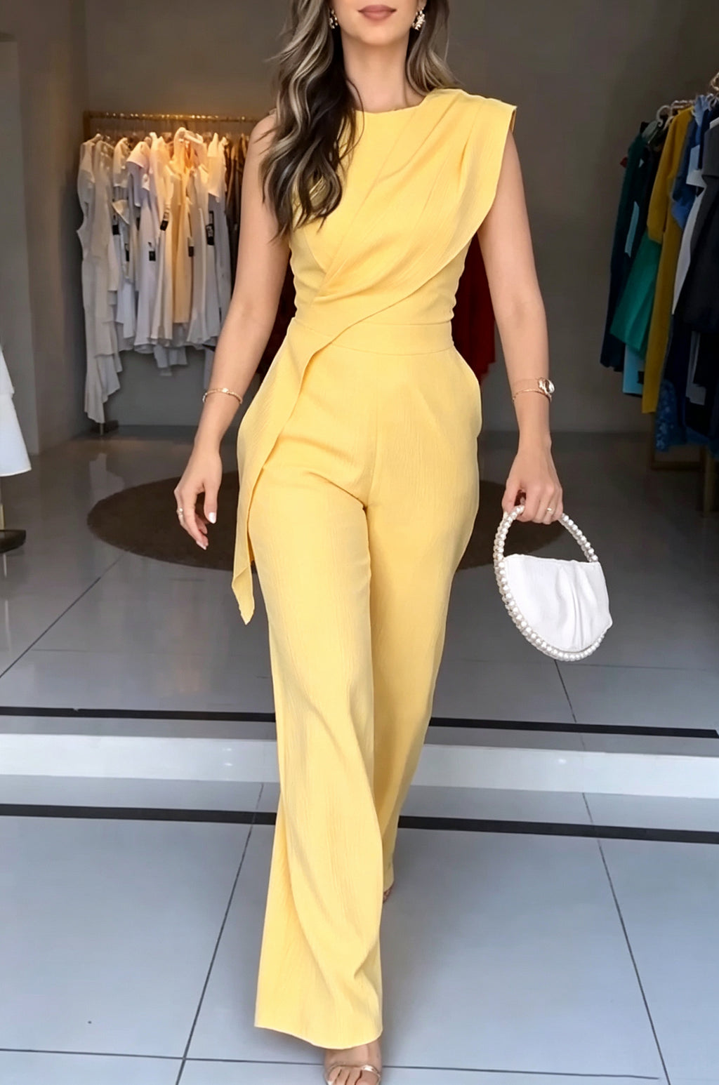 Women's Elegant Asymmetric Pleated Wide Leg Jumpsuit
