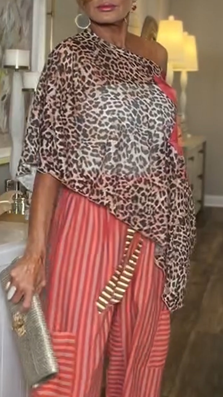 Women Slanted Neck Leopard Print Casual Cover Shirt