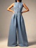 Women's Sleeveless Front-zip Wide-leg Denim Jumpsuit