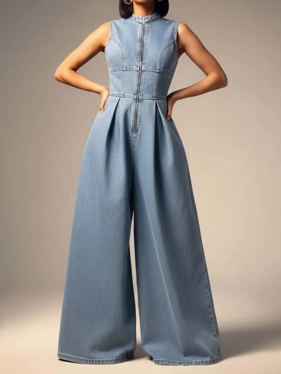 Women's Sleeveless Front-zip Wide-leg Denim Jumpsuit