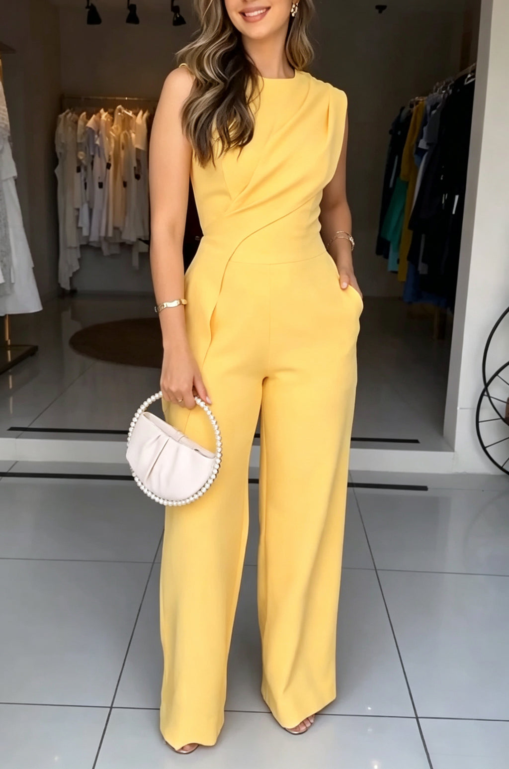 Women's Elegant Asymmetric Pleated Wide Leg Jumpsuit