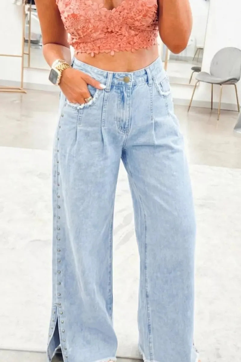 Women's Casual Wide Leg Jeans With Button Slits