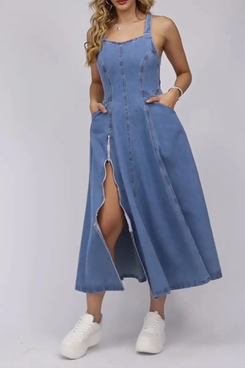 Women's Casual Zipper Slit Hem Open Back Cami Denim Dress