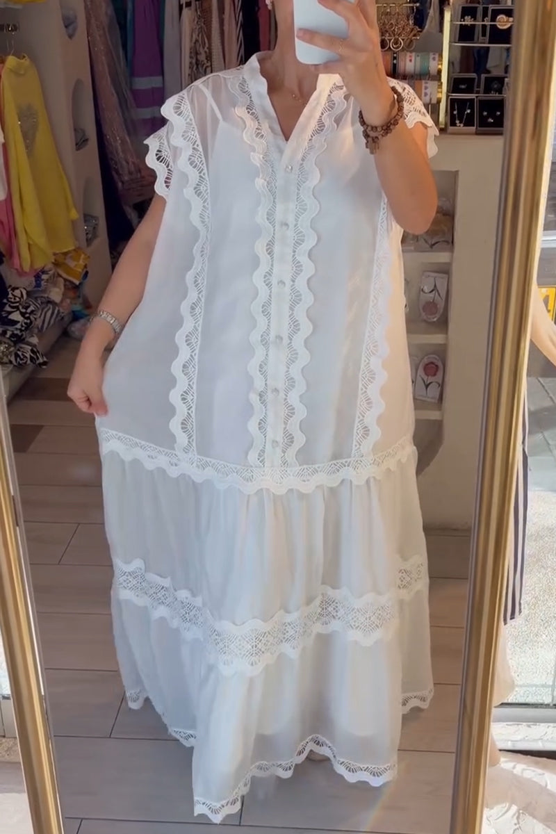 Women's Round Neck Patchwork Lace Pattern Hollow Out Elegant Casual Dress