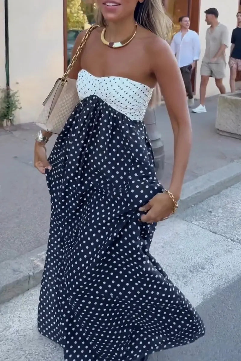 Women's Vacation Strapless Color Block Polka Dot Maxi Dress