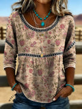 Women's Vintage Floral Print Casual 3/4 Sleeves Hollow Lace Denim Shirt