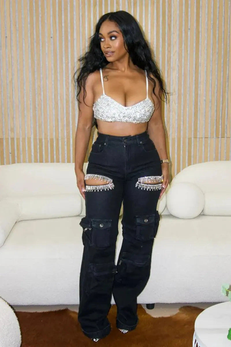 Women's Straight Leg Fringe & Rhinestone Jeans