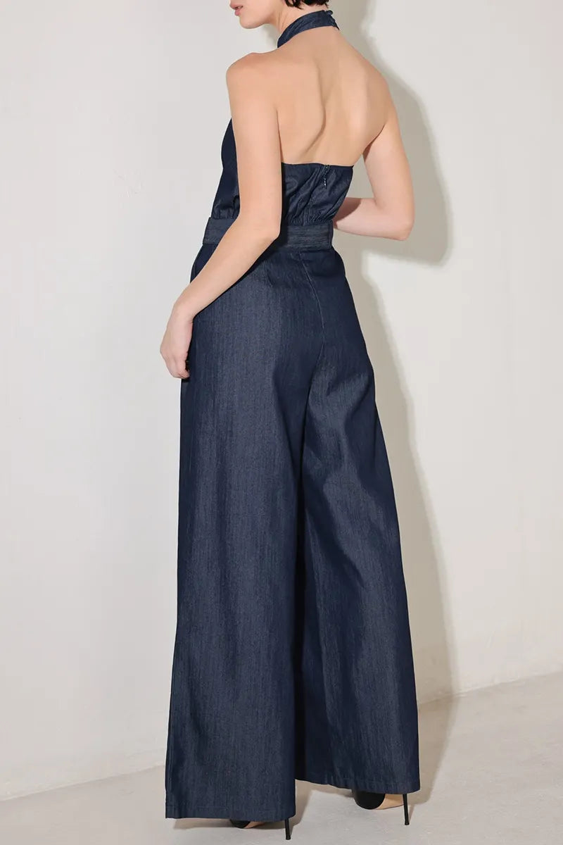Women's Elegant Halter Neck Denim Jumpsuit