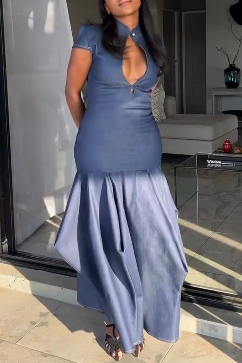 Women's Round Neck Hollow Waist with Elegant Slit Casual Denim Dress