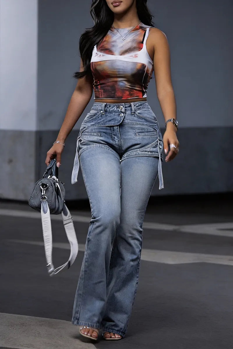 Women's Elegant Layered Design Straight Jeans