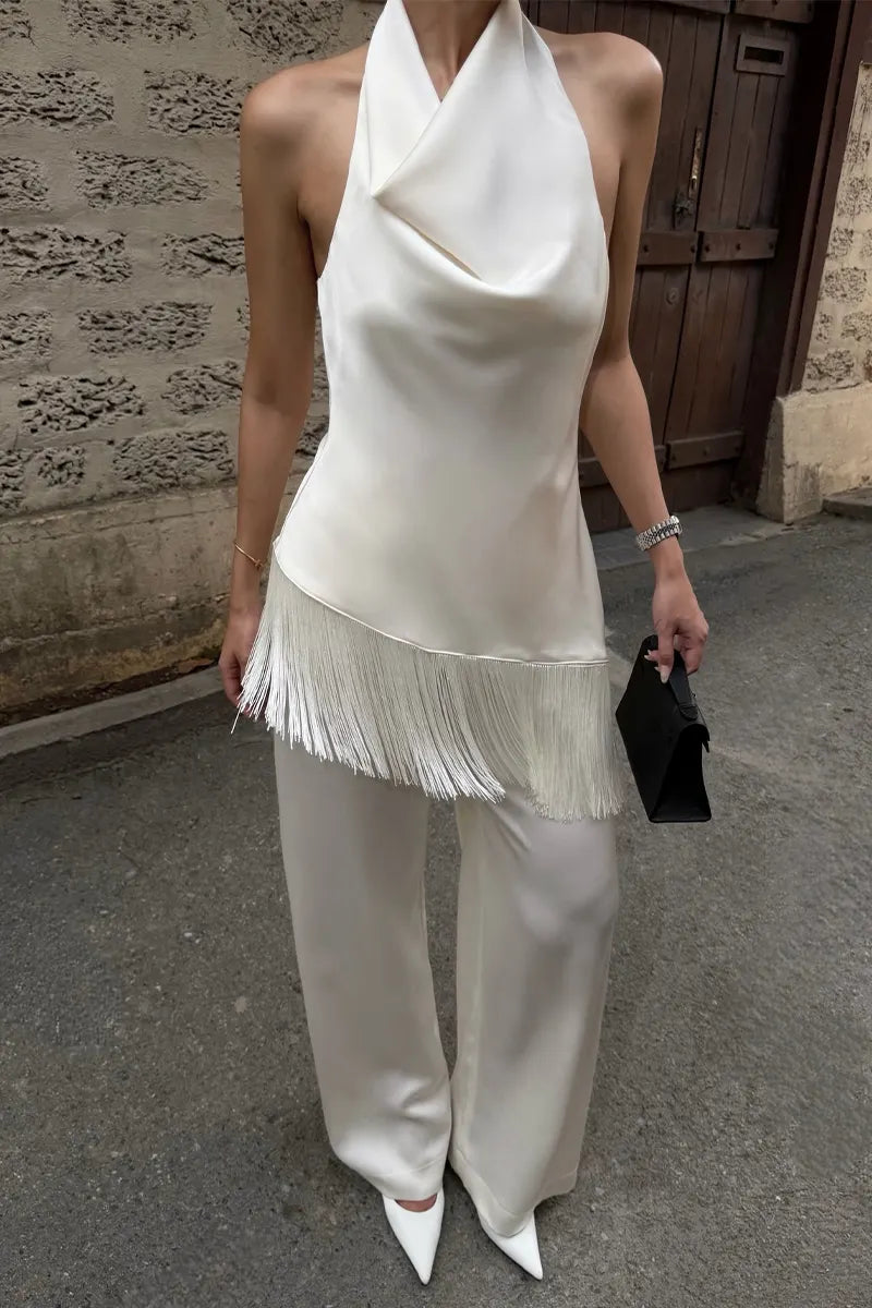 Women's Elegant Simple Fringe Hem Vest Pants Two-Piece Set