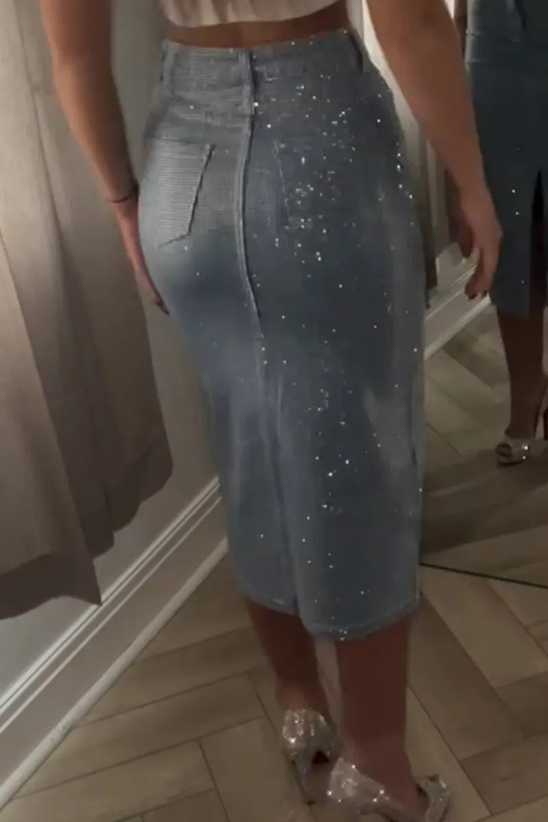 Women's slit-hem rhinestone embellished denim skirt
