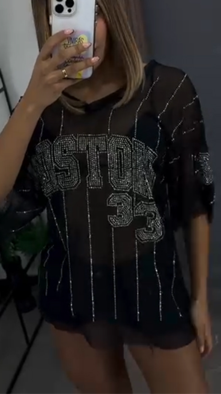 Women Round Neck Rhinestone Printed Letter Casual Top