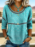 Women's Vintage Print Casual Short Sleeves Denim Shirt