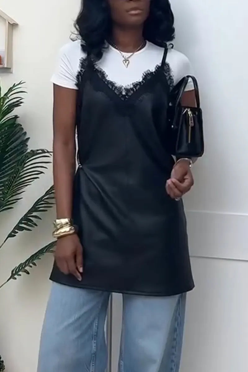 Women Camisole Patchwork Lace Casual Leather Top