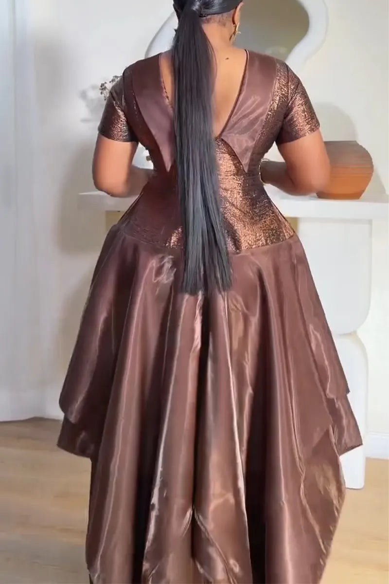Women Square Neckline Shiny Surface Splicing Elegant Temperament Evening Party Style Dress