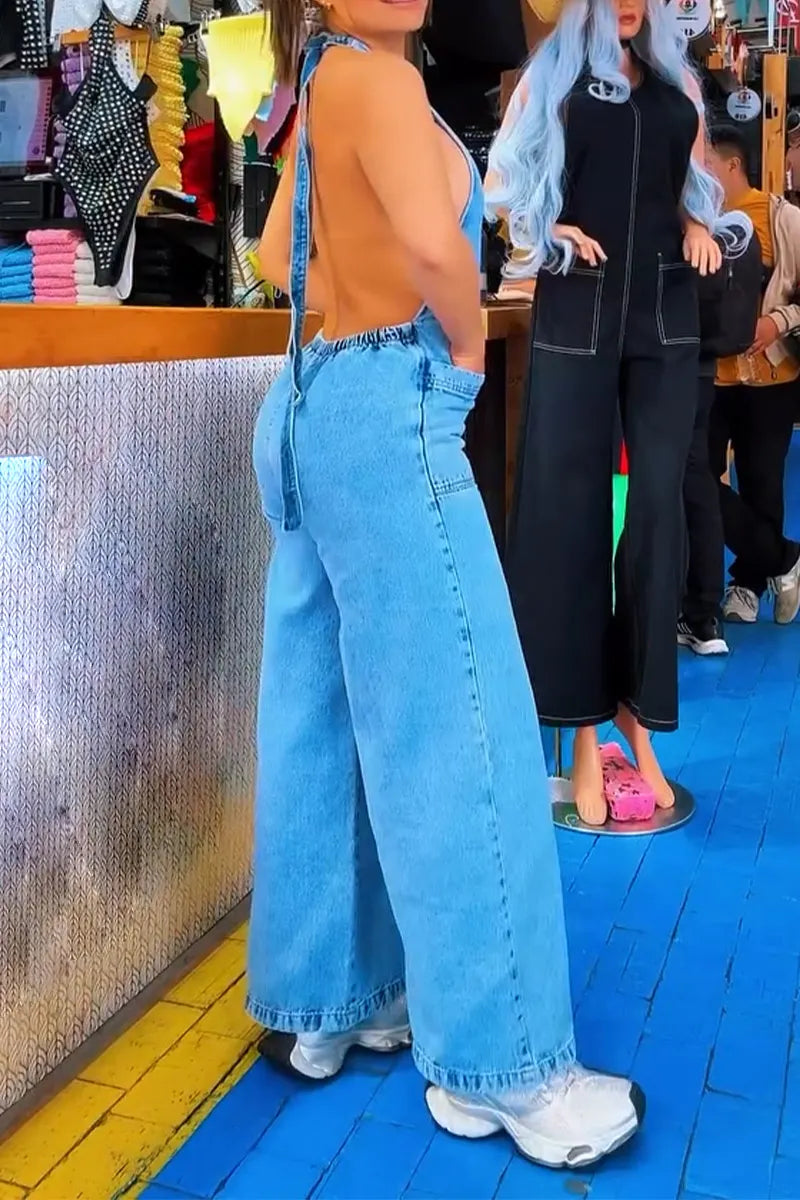 Women Neck Hanging Back Hollow Splicing Casual Denim Jumpsuit