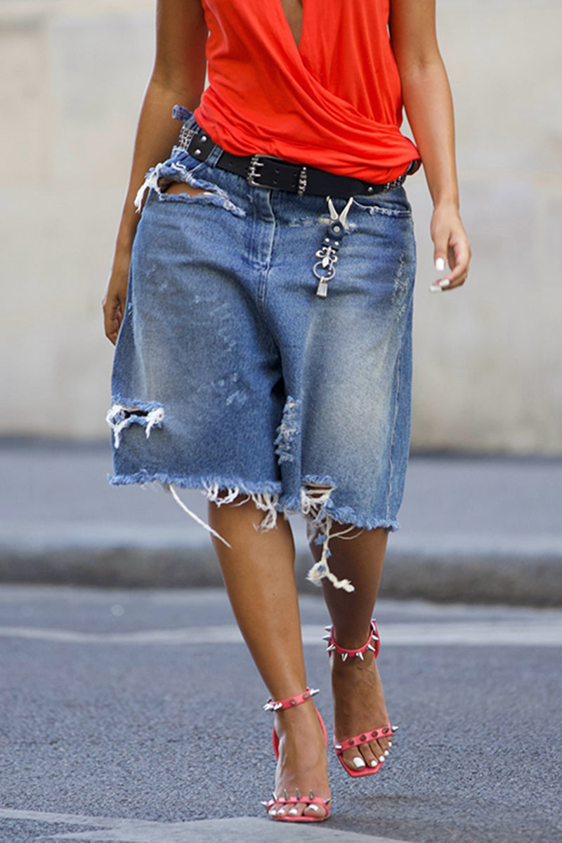 Women's Fashion V-Neck Vest or Ripped Loose Shorts Jeans