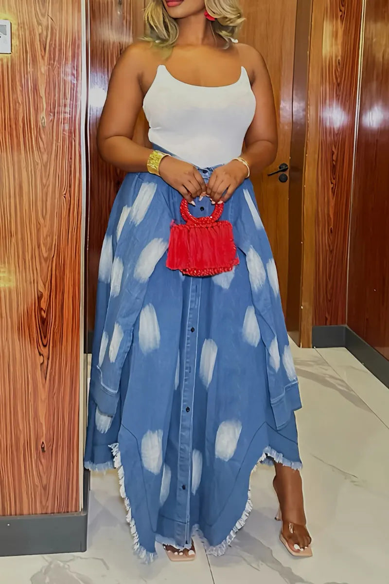Women Tie Dye Collar Raw Edge Irregular Hem Denim Maxi Skirt