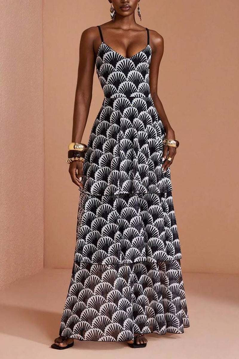 Women's Suspender Waist Cinching Printed Patchwork Elegant Casual Dress