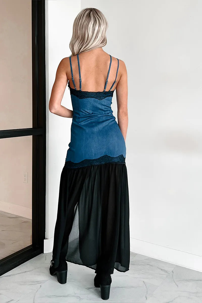 Women's Casual Crisscross Halter Denim Mesh Splice Maxi Dress with High Side Slit