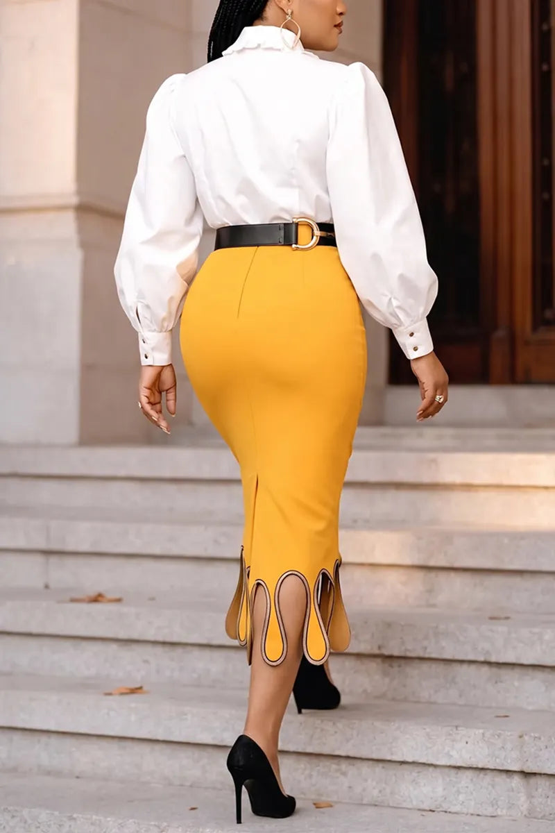 Women's Elegant Puff-Sleeve Shirts Teardrop-Hem Skirt Set