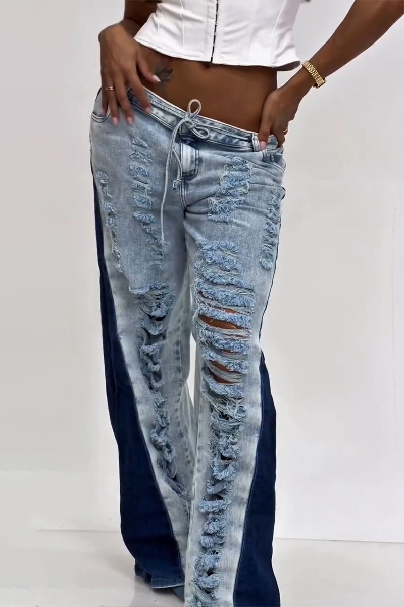 Women's Casual Ripped Washed Side Color Block Jeans