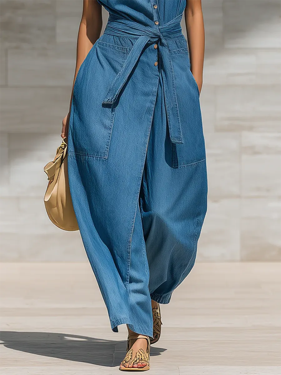 Casual Loose-fit Belted Denim Jumpsuit