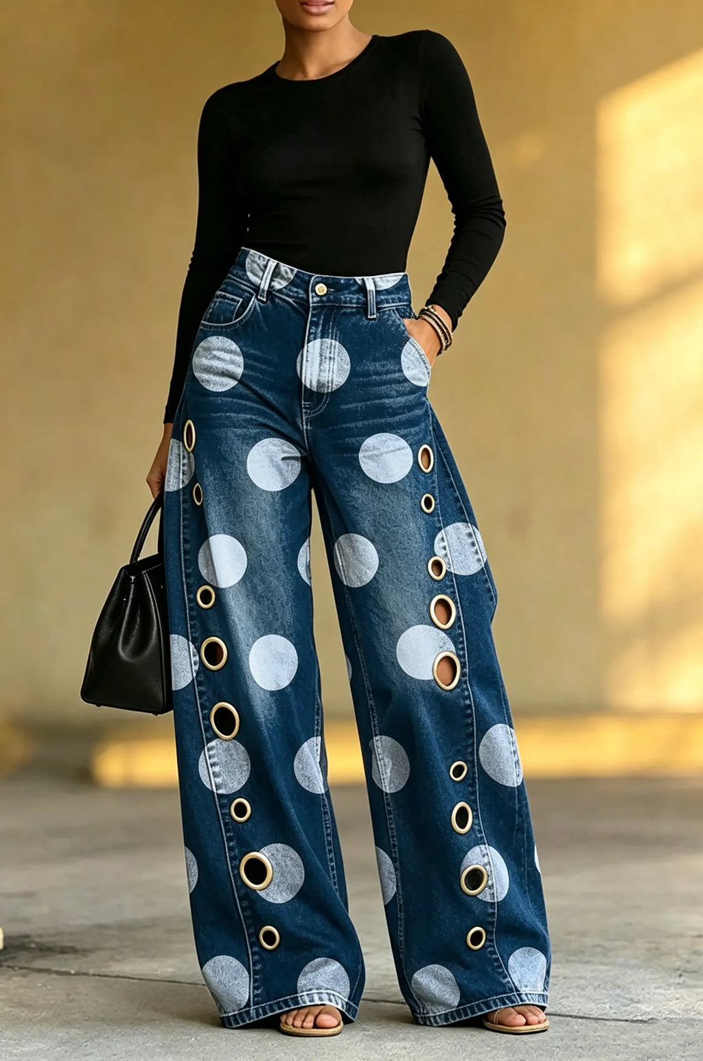 Women's Casual Polka Dot Pattern Metal Hollow-Out Wide Leg Jeans