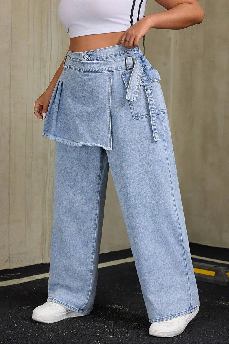Women Light Wash Denim Skirt Overlay Asymmetrical Frayed Hem Wide Leg Jeans
