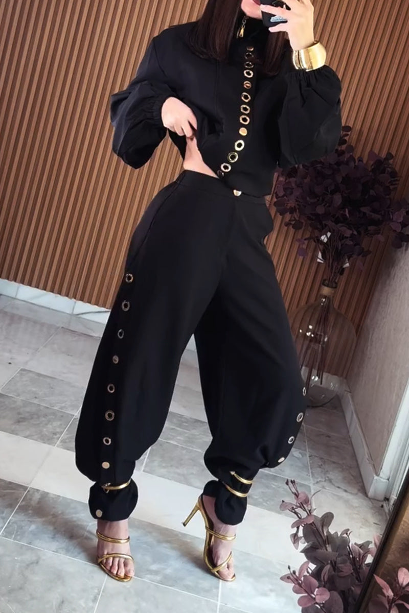 Women's Round Neck Metal Hollow Jacket+ Pants Temperament Casual Suit