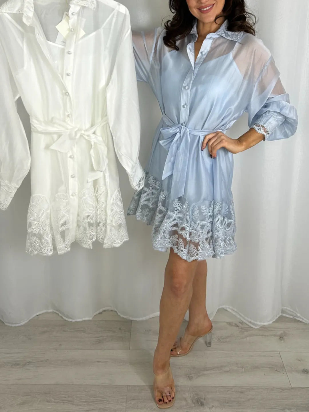 Women Elegant and Casual Satin Lace Shirt Dress