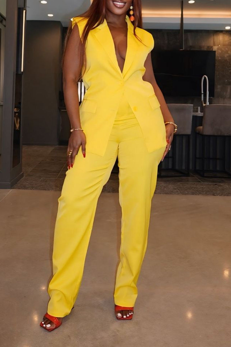 Women's Elegant Yellow Sleeveless Vest Or Wide-Leg Trousers