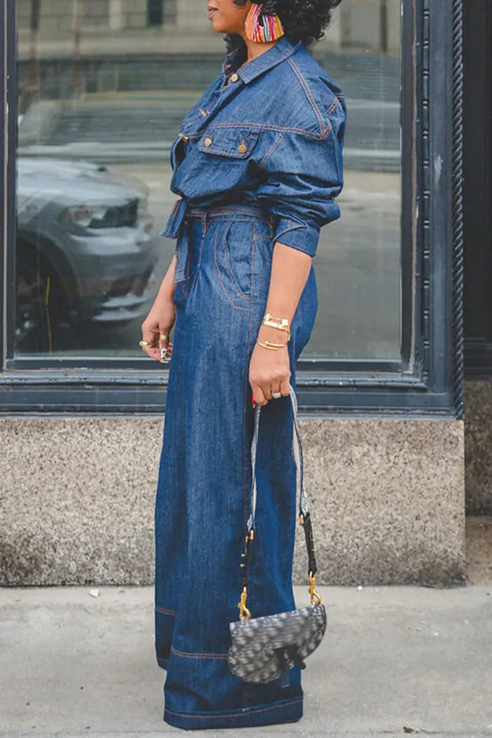 Women's Casual Versatile Loose Button Front Denim Jumpsuit