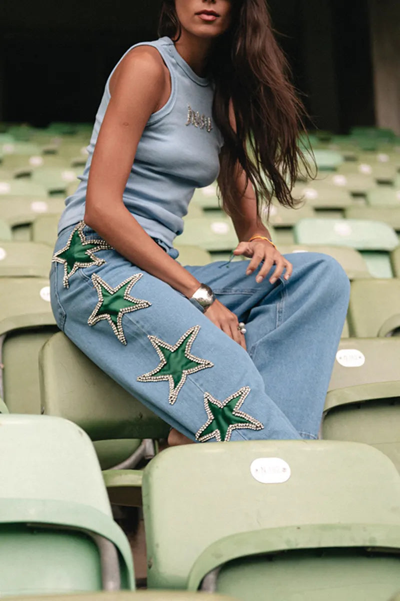 Women's Fashion Side Star Pattern Rhinestone Jeans