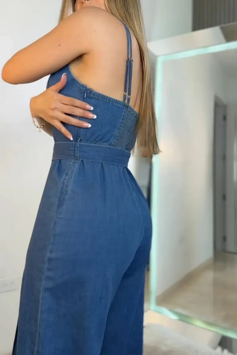 Women's Casual Cami Denim Jumpsuit with Belt