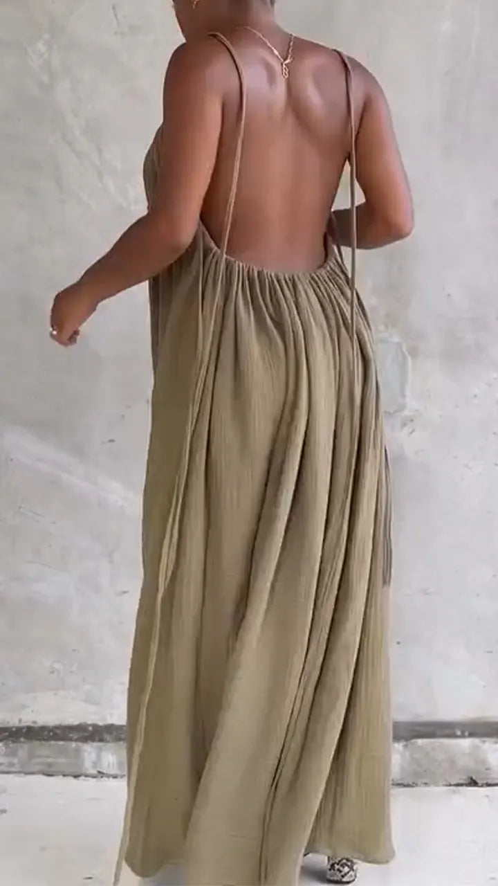 Women Camisole Waist Cinched Backless Casual Dress