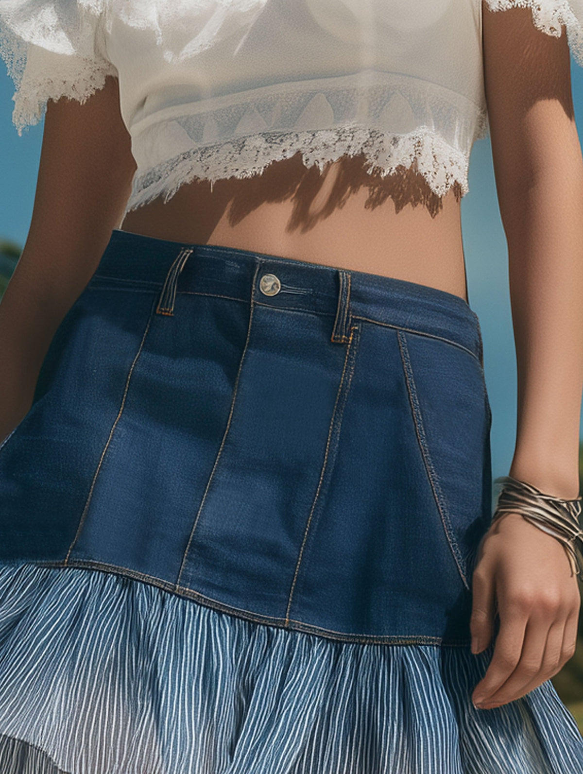 Resort-Style Gradient Chiffon Hem Dark Blue Denim Mini Skirt