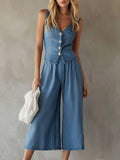 Women's Casual Denim Set: V-neck Sleeveless Top & High-waisted Wide-leg Pants