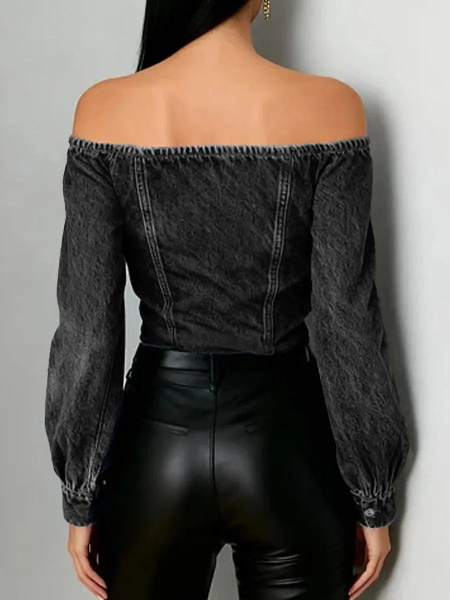 Buttoned Pleated Solid Color Split-Joint Irregularity Long Sleeves Off-The-Shoulder Blouses&Shirts Tops