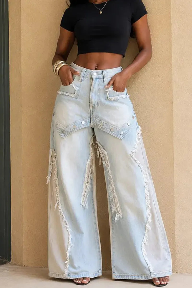 Women's Patchwork Fringed Rivet Washed Casual Wide Leg Jeans