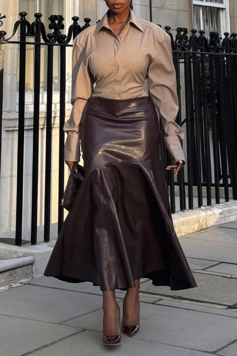 Women's Elegant Temperament Collar Solid Color Shirt or Leather Skirt
